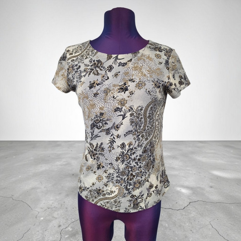 Y2K Brittany Black Womens Paisley Floral Short Sleeve Top Grey Tan Size Medium